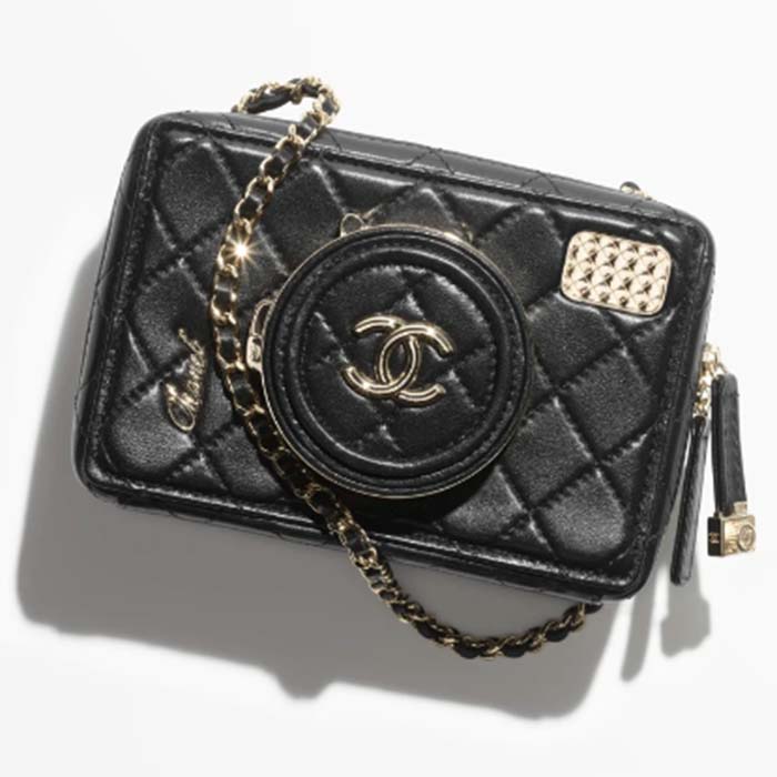 Chanel Women CC Camera Bag Lambskin Gold-Tone Metal Black