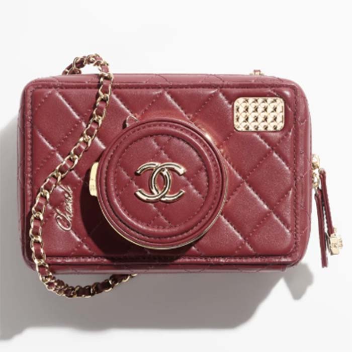 Chanel Women CC Camera Bag Lambskin Gold-Tone Metal Burgundy