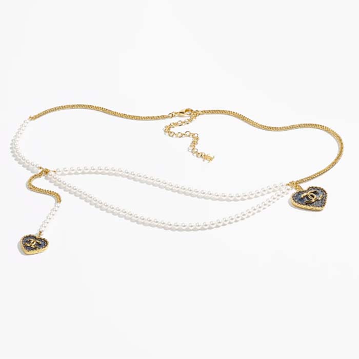 Chanel Women CC Chain Belt Metal Glass Pearls Gold Blue Pearly White