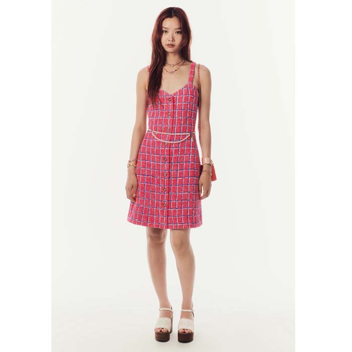 Chanel Women CC Dress Tweed Pink Blue White Ref. P76664 V68503 NU756