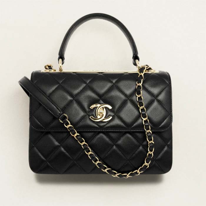 Chanel Women CC Flap Bag Top Handle Lambskin Gold-Tone Metal Black