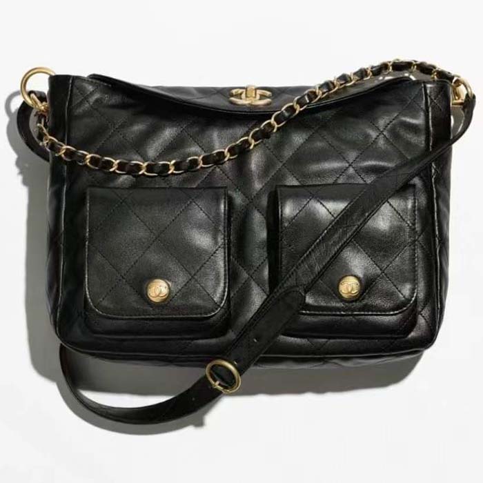Chanel Women CC Grand Sac Hobo in Calfskin Leather-Black