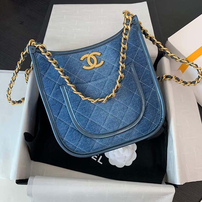 Chanel Women CC Hobo Handbag Washed Denim Gold-Tone Metal Blue