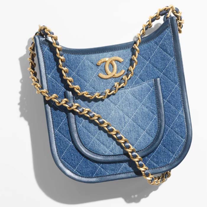 Chanel Women CC Hobo Handbag Washed Denim Gold-Tone Metal Blue