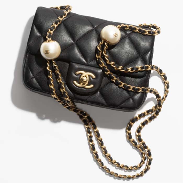Chanel Women CC Mini Flap Bag Lambskin Imitation Pearls Black