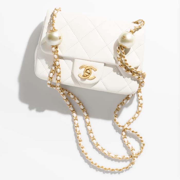 Chanel Women CC Mini Flap Bag Lambskin Imitation Pearls White