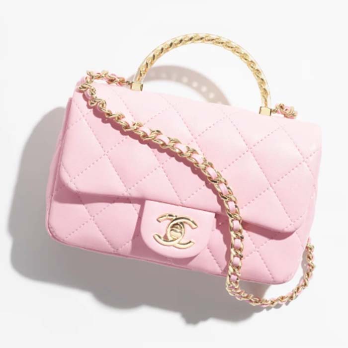 Chanel Women CC Mini Flap Bag Top Handle Lambskin Resin Light Pink
