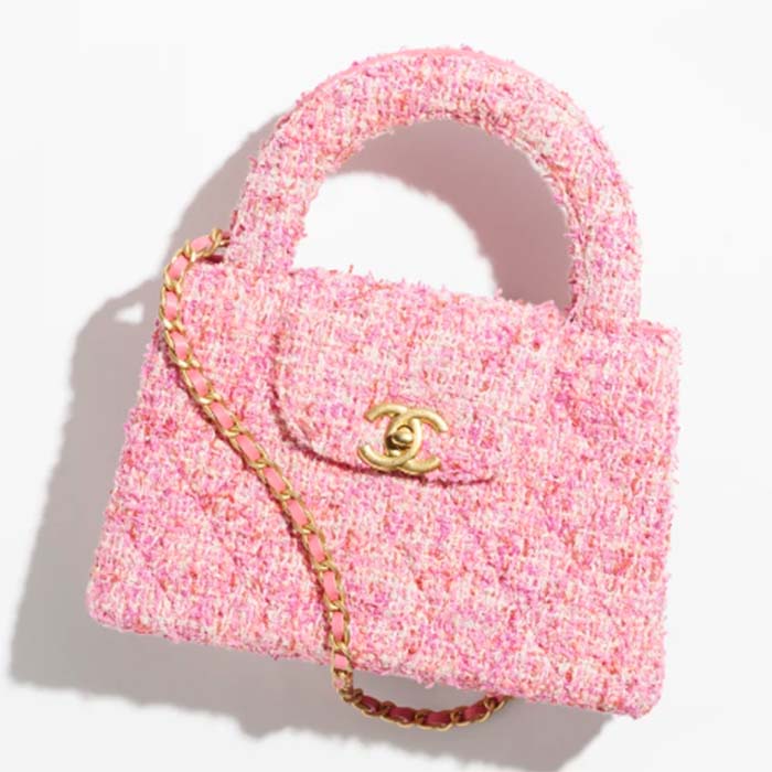 Chanel Women CC Mini Shopping Bag Cotton Tweed Gold-Tone Metal Pink Ecru