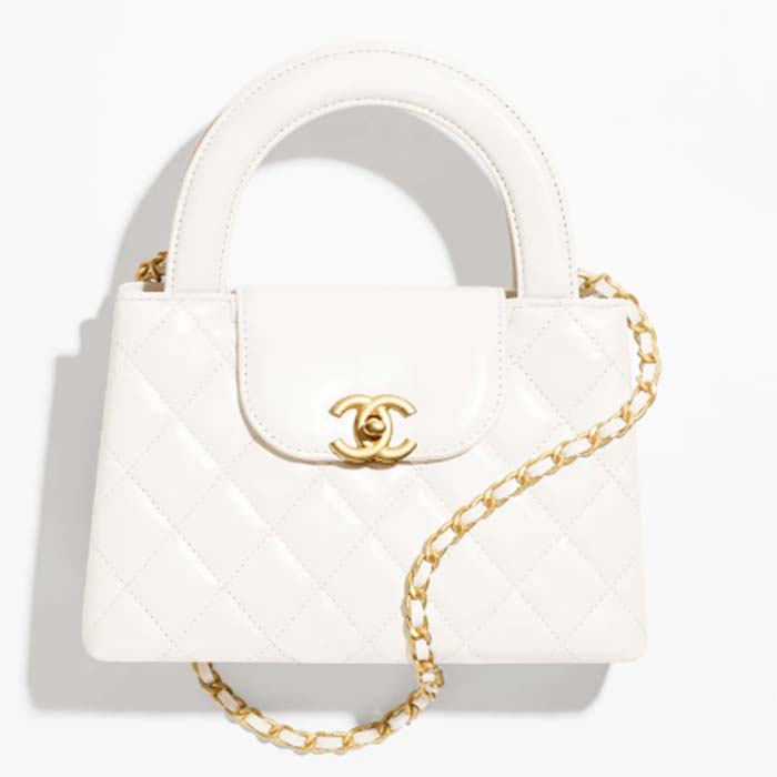 Chanel Women CC Mini Shopping Bag Shiny Crumpled Calfskin Gold Metal White