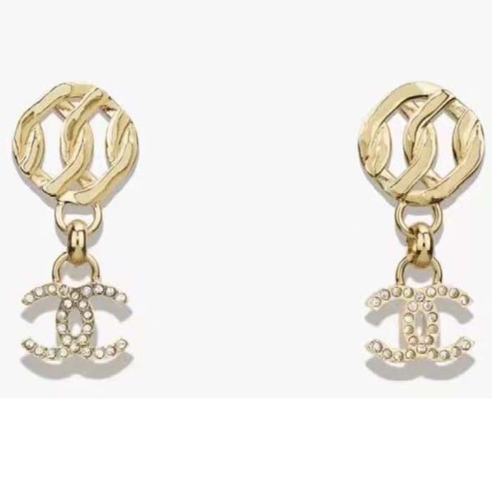 Chanel Women CC Pendant Earrings Metal Resin Strass Gold White Crystal