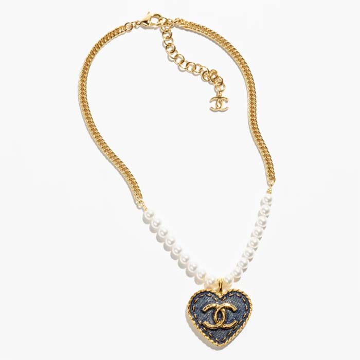 Chanel Women CC Pendant Necklace Metal Glass Pearls Gold Blue Pearly White