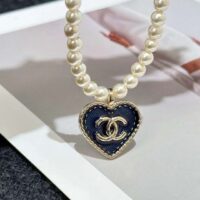 Chanel Women CC Pendant Necklace Metal Glass Pearls Gold Blue Pearly White