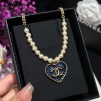 Chanel Women CC Pendant Necklace Metal Glass Pearls Gold Blue Pearly White