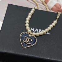 Chanel Women CC Pendant Necklace Metal Glass Pearls Gold Blue Pearly White