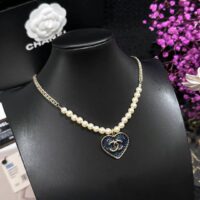 Chanel Women CC Pendant Necklace Metal Glass Pearls Gold Blue Pearly White