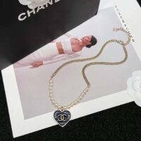 Chanel Women CC Pendant Necklace Metal Glass Pearls Gold Blue Pearly White