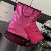Chanel Women CC Shopping Bag Sequins Black Metal Dark Pink Black (5)