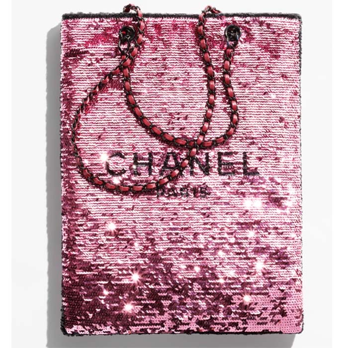 Chanel Women CC Shopping Bag Sequins Black Metal Dark Pink Black