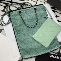 Chanel Women CC Shopping Bag Sequins Black Metal Green Black (10)