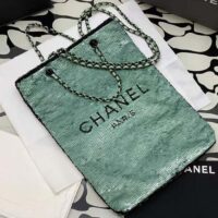 Chanel Women CC Shopping Bag Sequins Black Metal Green Black (10)