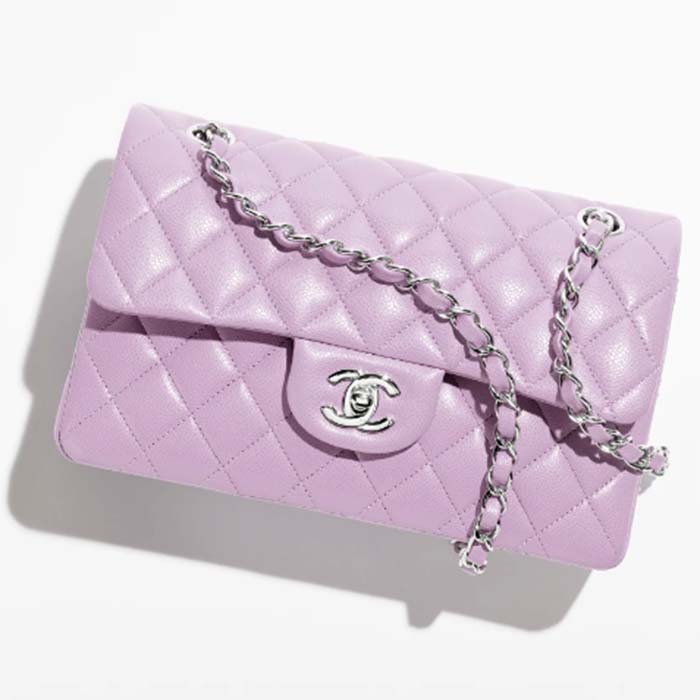 Chanel Women CC Small Classic Handbag Shiny Grained Calfskin Metal Lilac