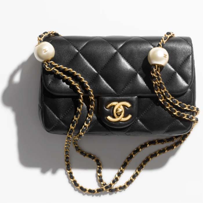 Chanel Women CC Small Flap Bag Lambskin Imitation Pearls Black