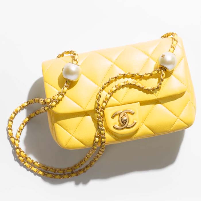 Chanel Women CC Small Flap Bag Pearly Lambskin Imitation Pearls Yellow