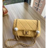 Chanel Women CC Small Flap Bag Pearly Lambskin Imitation Pearls Yellow (7)