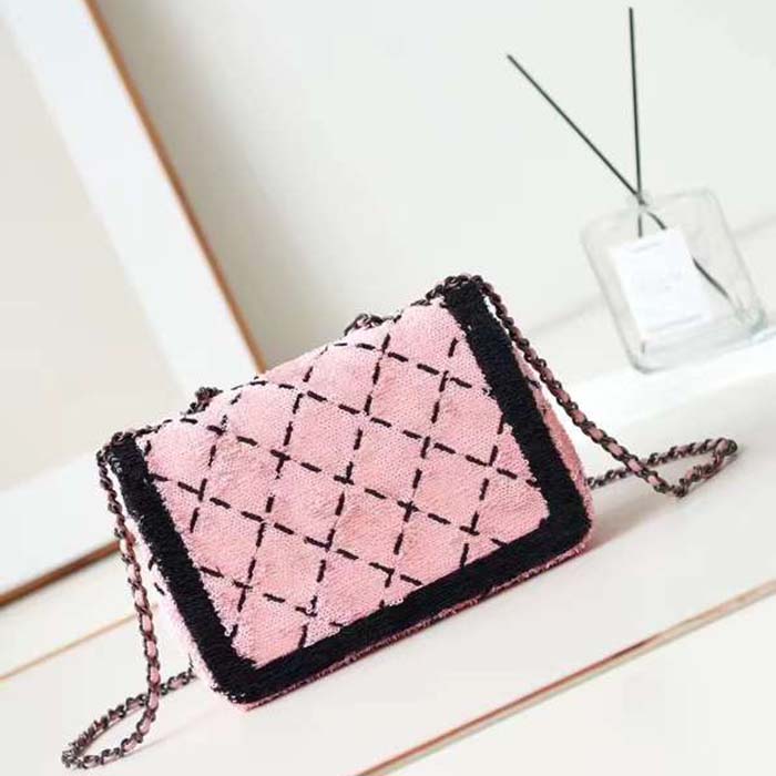 Chanel Women CC Small Flap Bag Sequins Black Metal Pink Black