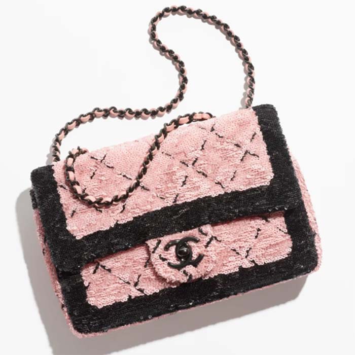 Chanel Women CC Small Flap Bag Sequins Black Metal Pink Black