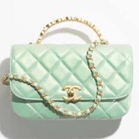 Chanel Women CC Small Flap Bag Top Handle Pearly Lambskin Light Green (5)