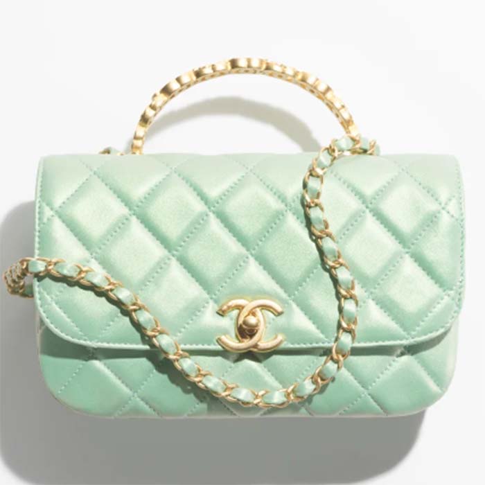 Chanel Women CC Small Flap Bag Top Handle Pearly Lambskin Light Green