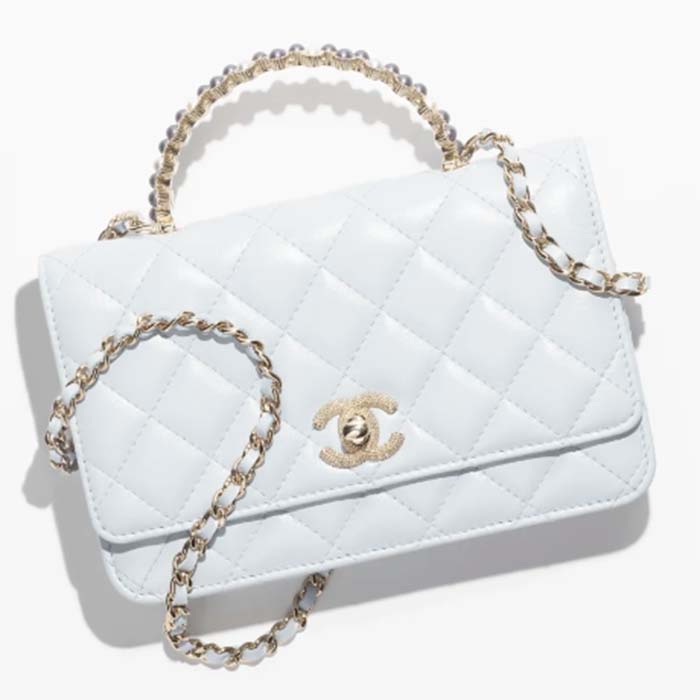 Chanel Women CC Wallet On Chain Shiny Crumpled Lambskin Imitation Pearls