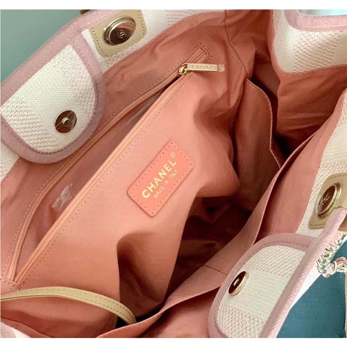 Chanel Women Deanville Shopping Bag Canvas Leather Mixed Fibers Pink