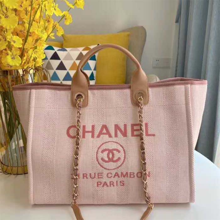 Chanel Women Deanville Shopping Bag Canvas Leather Mixed Fibers Pink