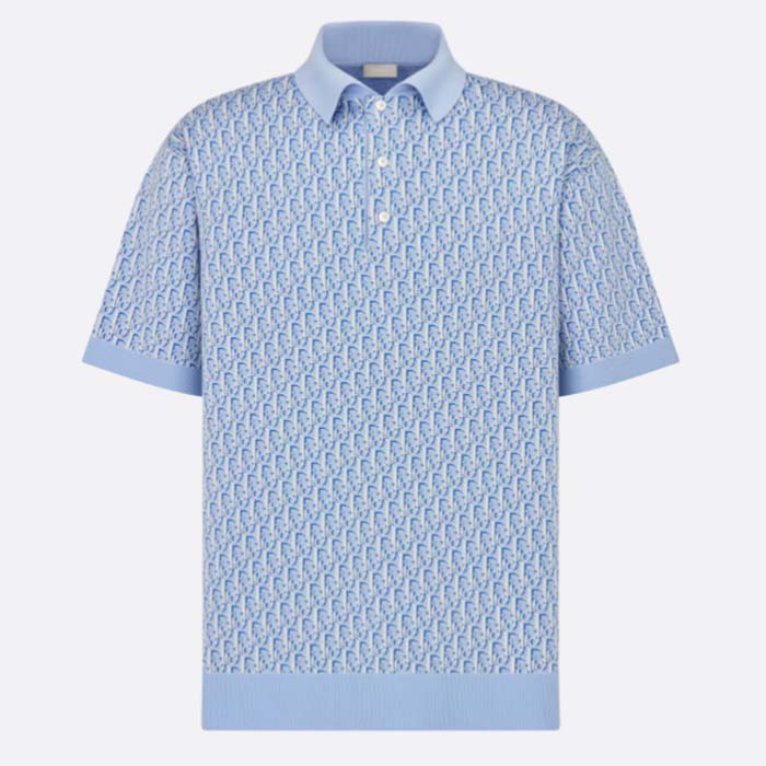 Dior CD Men Oblique Polo Shirt White Blue Cotton Jacquard