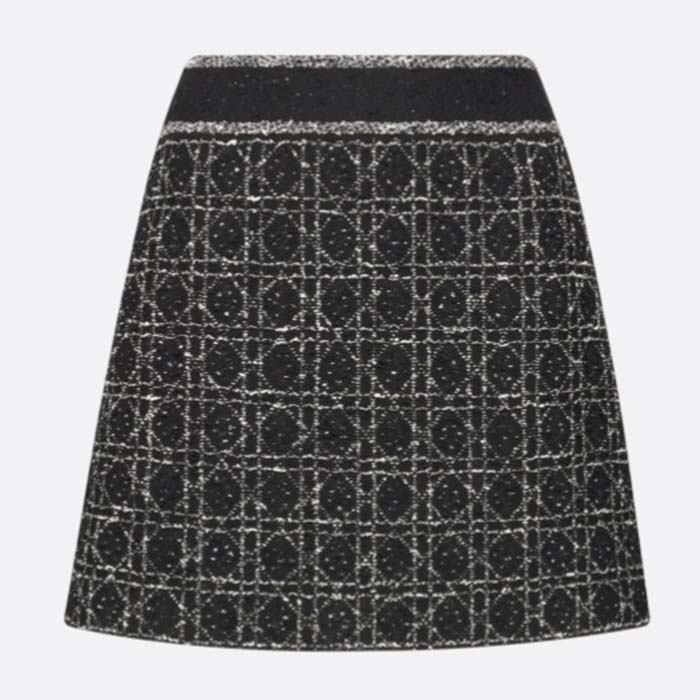 Dior CD Women Macrocannage Flared Miniskirt Black White Technical Cotton Knit