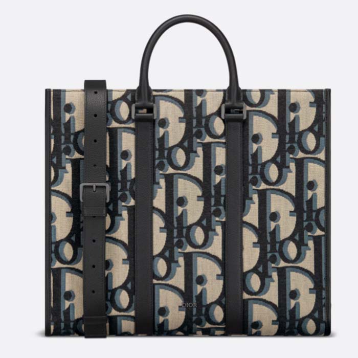 Dior Unisex CD East-West Tote Bag Beige Black Maxi Oblique Jacquard