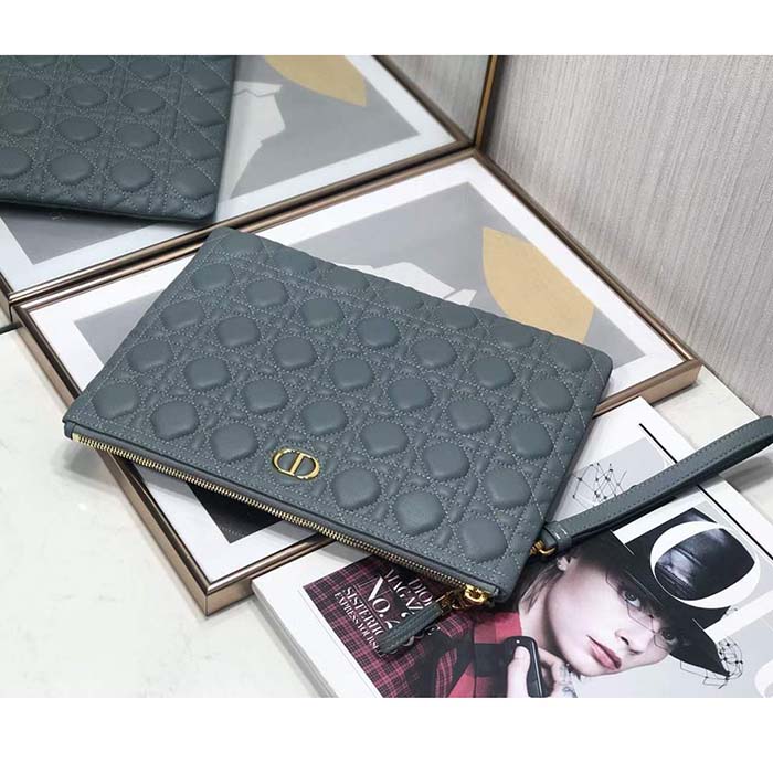 Dior Unisex CD Large Caro Daily Pouch Cloud Blue Supple Cannage Calfskin