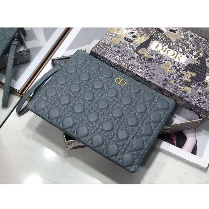 Dior Unisex CD Large Caro Daily Pouch Cloud Blue Supple Cannage Calfskin