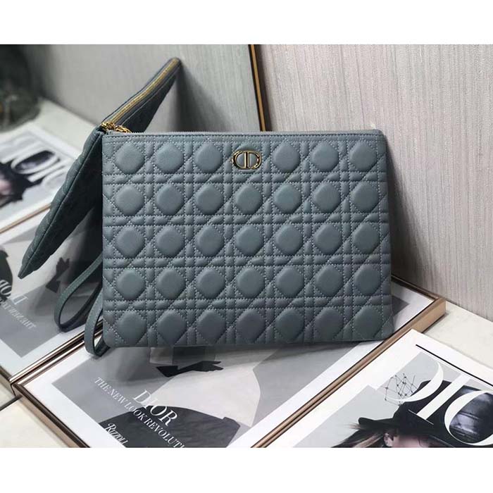 Dior Unisex CD Large Caro Daily Pouch Cloud Blue Supple Cannage Calfskin