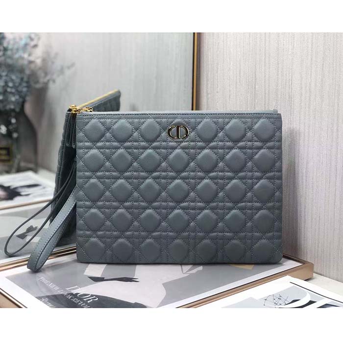 Dior Unisex CD Large Caro Daily Pouch Cloud Blue Supple Cannage Calfskin