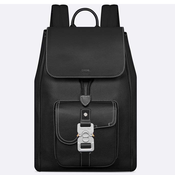 Dior Unisex CD Saddle Backpack Black Grained Calfskin Contrasting Topstitching