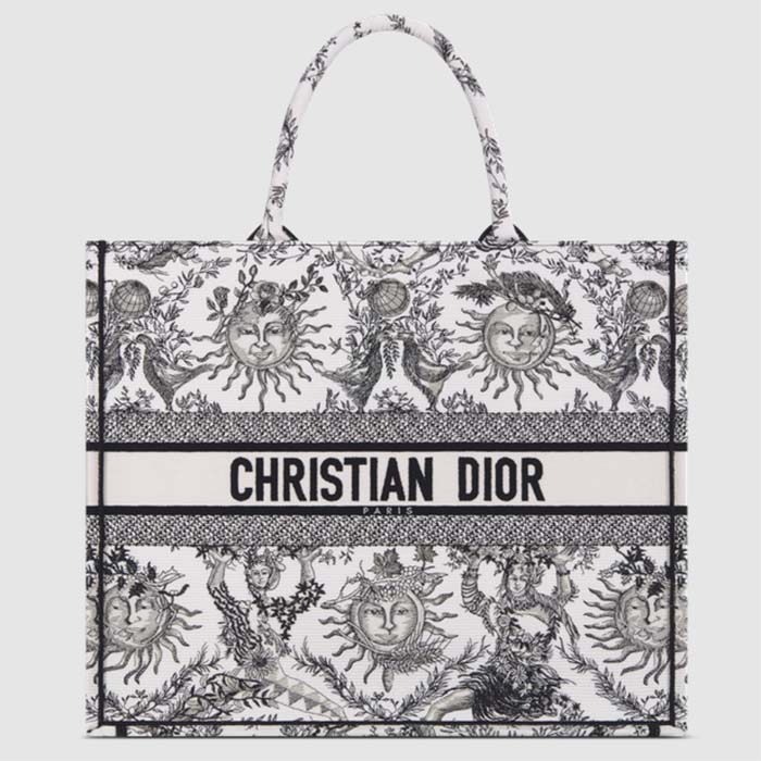 Dior Unisex Large Dior Book Tote White Black Toile De Jouy Soleil Embroidery