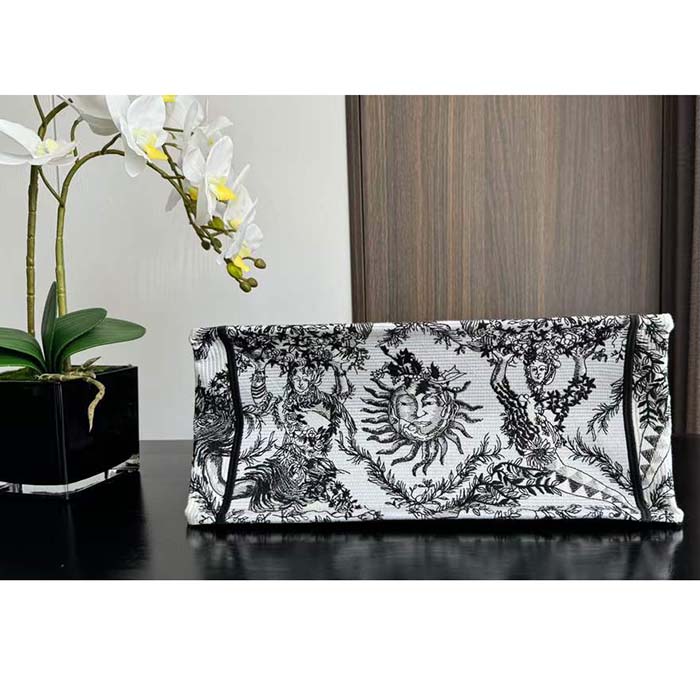 Dior Unisex Large Dior Book Tote White Black Toile De Jouy Soleil Embroidery