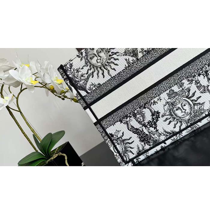 Dior Unisex Large Dior Book Tote White Black Toile De Jouy Soleil Embroidery