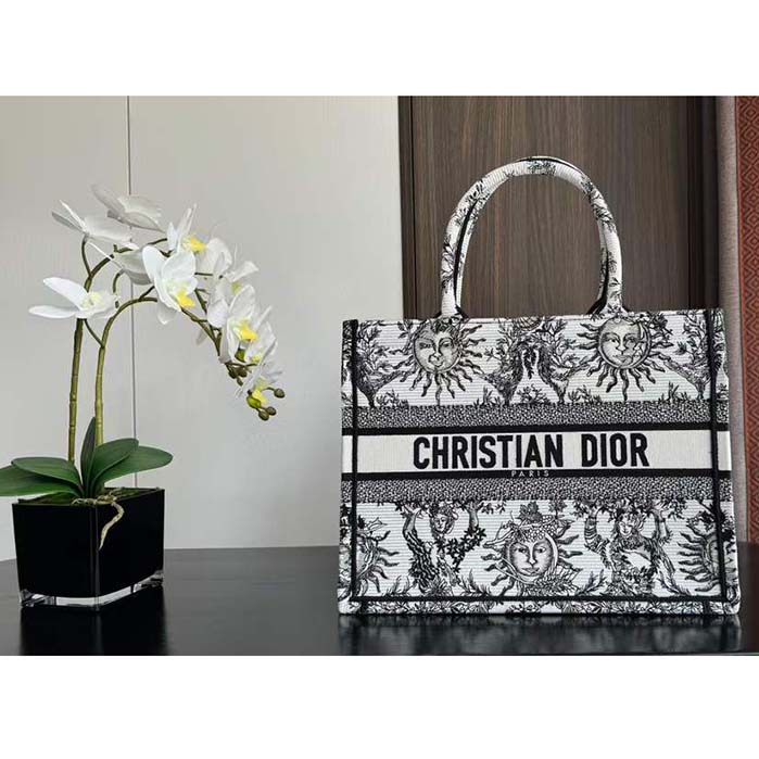 Dior Unisex Large Dior Book Tote White Black Toile De Jouy Soleil Embroidery