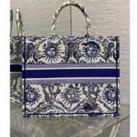 Dior Unisex Medium Book Tote White Navy Blue Toile De Jouy Soleil Embroidery (8)