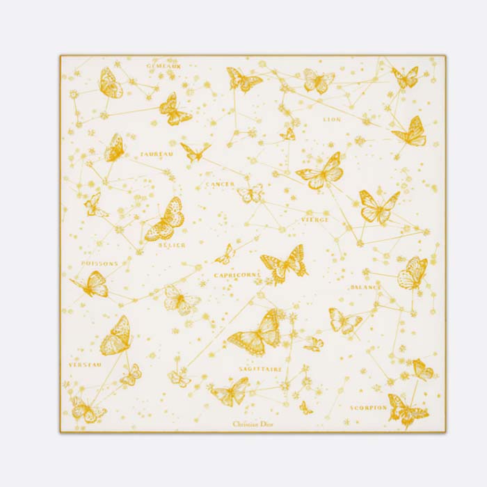 Dior Women CD Butterfly Zodiac 70 Square Scarf Ivory Gold-Tone Silk Twill