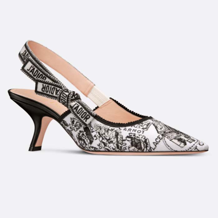 Dior Women CD J'Adior Slingback Pump White Black Cotton Embroidered Plan De Paris